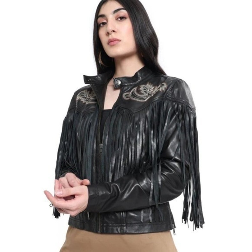 Myra Bag Black Leather Fringed Embroidered Western‎ Jacket Women's Size M NWT